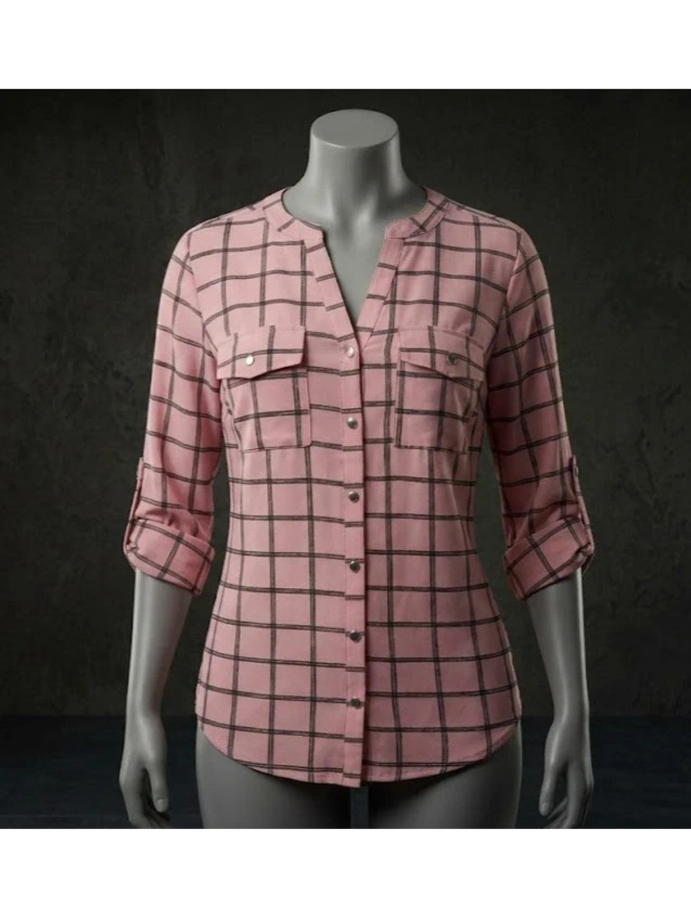 Notations Dusty Pink Plaid Button-Down Blouse | Roll-Tab Sleeves | Size S